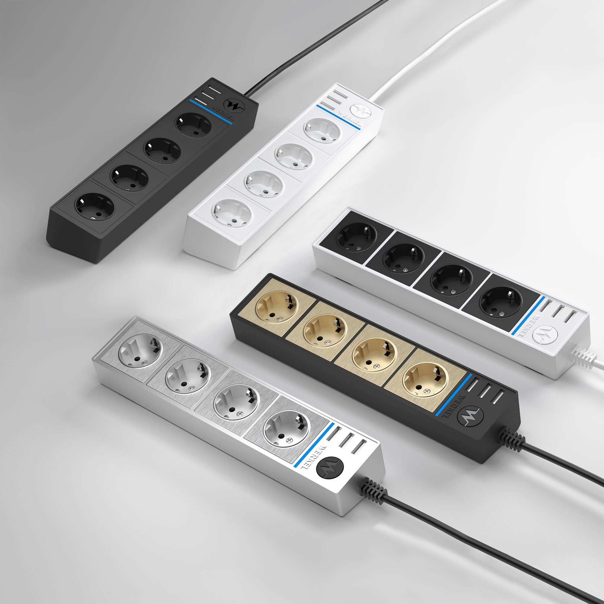 Розеточный блок 4-х местный + 3 USB черный/шампань рифленый W6514944 17