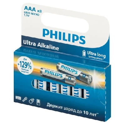 Элемент питания алкалиновый AAA/LR03 1.5В Ultra (уп.8шт) LR03E8W/51 Philips Б0064649