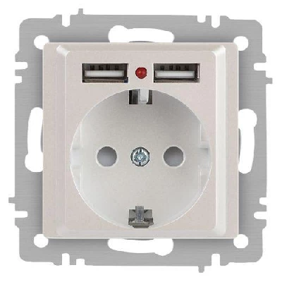 Розетка 1-м СП Accent 6-410-06 16А IP20 250В P+E Schuko + 2хUSB защ. шторки перламутр. Intro Б0063700