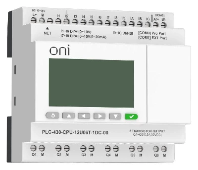Модуль ЦПУ ПЛК 430 4 DI 6 UI (0-10В/DI) 2 UI (0-10В/0-20мА/DI) 6 TO 24В DC с Ethernet портом с экраном ONI PLC-430-CPU-12U06T-1DC-00