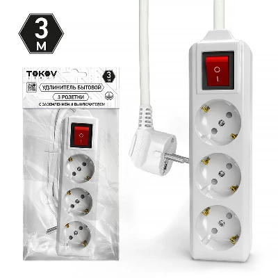 Удлинитель 3х3м с заземл. с выкл. 10А 3х1.5 TOKOV ELECTRIC TKL-C01-BU3-3-1.5-ZV