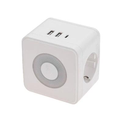 Двойник электрический Куб 16А с/з+2хUSB-A 2.4А+USB Type-C 3А с ночной подсветкой бел. Rexant 11-1251