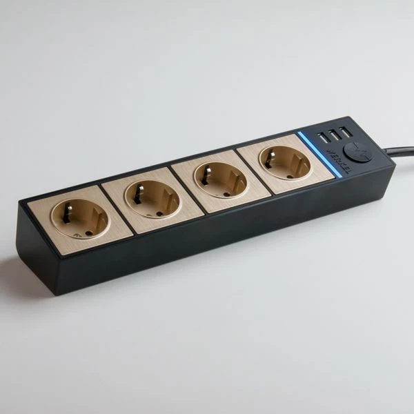 Розеточный блок 4-х местный + 3 USB черный/шампань рифленый W6514944 14