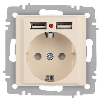 Розетка 1-м СП Accent 6-410-02 16А IP20 250В P+E Schuko + 2хUSB защ. шторки сл. кость Intro Б0063692