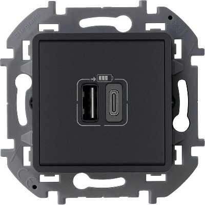 Устройство зарядное Inspiria с 2-мя USB разьемами A и C 240В/5В 3000мА антрацит IEK 673763