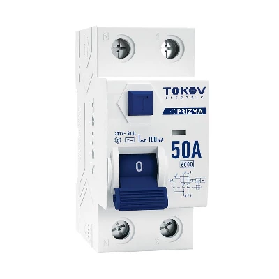 Выключатель дифференциального тока (УЗО) 2п (1P+N) 50А 100мА тип AC 6кА PRIZMA TOKOV ELECTRIC TKE-PZ60-RCDM-2-50-100-AC