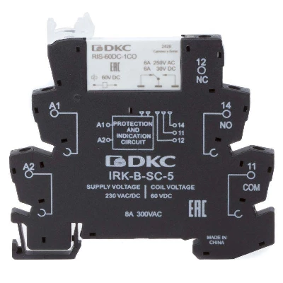 Реле интерфейсное 1CO ком. ток 6А AgSnO2 напряжение 230В AC/DC винтовые клеммы DKC IRK-230UC-1CO