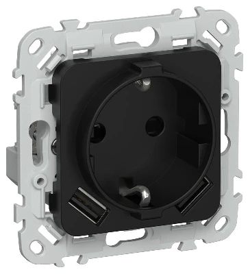 Розетка 1-м СП FLITE РСЮша11-1-ФлЧ 16А с USB A+A 3.1А с заземл. с защ. шторками безвинтовое крепление механизм черн. IEK FI-R14-16-1-U21-D31-K02