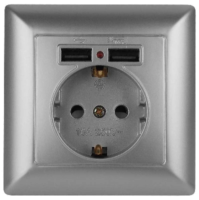 Розетка 1-м СП Solo 4-410-03 P+E Schuko 16А 250В + 2хUSB IP20 с заземл. защ. шторки алюм. Intro Б0053715