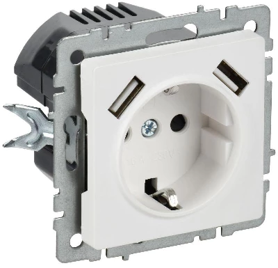 Розетка BRITE РЮш10-2-БрАБ 16А с USB A+A 3.1А с заземл. защ. шторки механизм арктич. бел. IEK BR-R14-16-U21-D31-K91