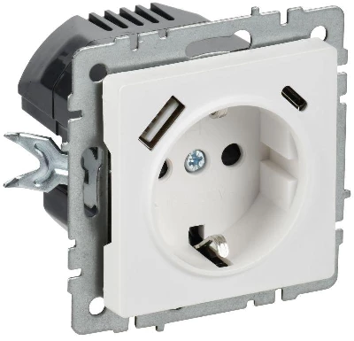 Розетка BRITE РЮш11-1-БрАБ 16А с USB A+C 18Вт с заземл. защ. шторки механизм арктич. бел. IEK BR-R14-16-U22-018-K91