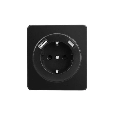 Розетка 1-м СП ROUND MIELE 16А с заземл. защ. шторки с USB A+C быстрой зарядки 5В/3А оникс Kranz KR-78-0704-3