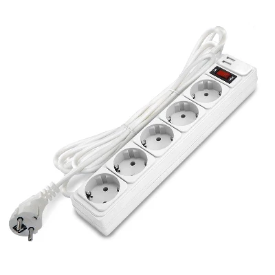 Удлинитель с сетевым фильтром 5х5м с заземл 10А 2.2кВт IP20 2хUSB ПВС 3х1 с выкл. бел. DOMTOK 2566