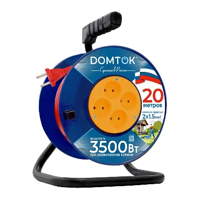 Удлинитель на катушке 4х20м без заземл. 16А IP20 3.5кВт ПВС 2х1.5 DOMTOK 2445