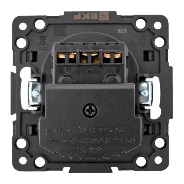 Розетка 1-м СП Стокгольм 16А USB A+C с заземл. защ. шторки винтов. клеммы механизм черн. EKF EZR16-2USB-typeA-typeC 2