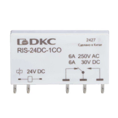 Реле миниатюрное ультратонкое 1CO ком. ток 6А AgSnO2 напряжение 24В DC DKC RIS-24DC-1CO
