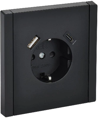 Розетка FORTE&PIANO FP147 16А USB A+C 18Вт с заземл. защ. шторки винт. крепл. черн. IEK FP-R14-16-U22-018-K02