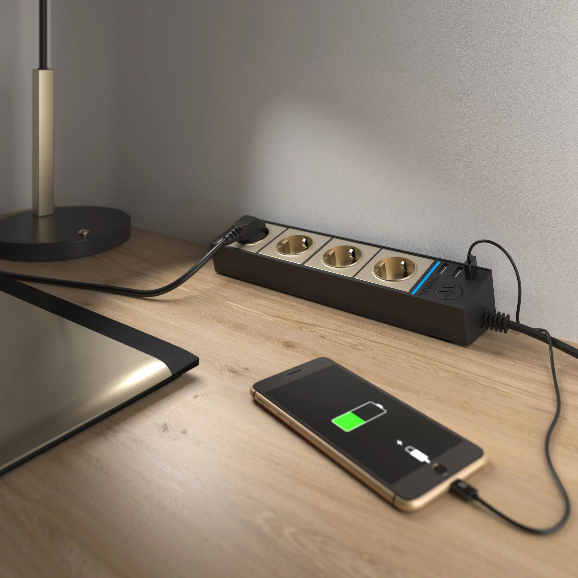 Розеточный блок 4-х местный + 3 USB черный/шампань рифленый W6514944 10