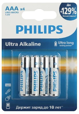 Элемент питания алкалиновый AAA/LR03 1.5В Ultra (уп.4шт) LR03E4B/51 Philips Б0062734