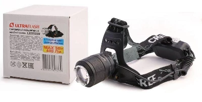 Фонарь налобный аккумуляторный LED5339 3.7В LED+син. LED 5Вт фокус 2 ак. 4 реж USB черн. Ultraflash 15041