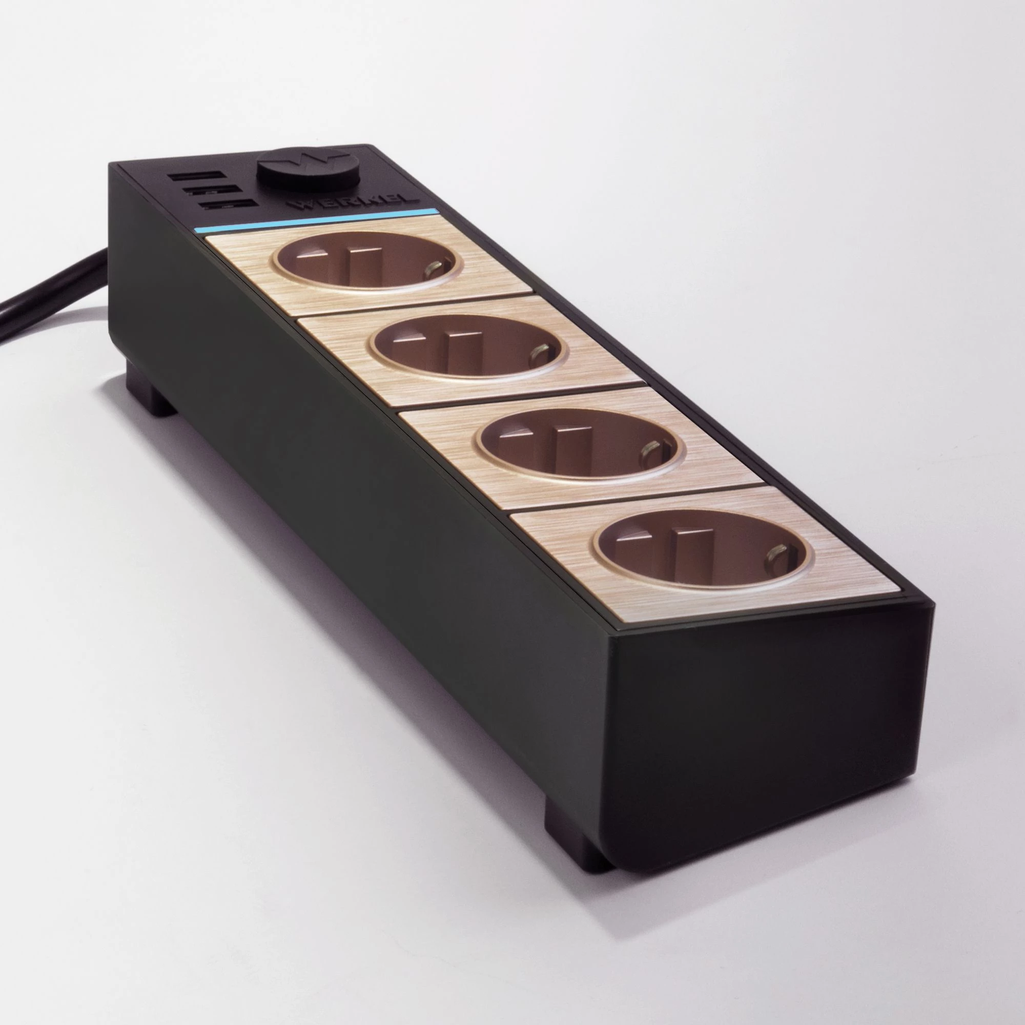 Розеточный блок 4-х местный + 3 USB черный/шампань рифленый W6514944 13