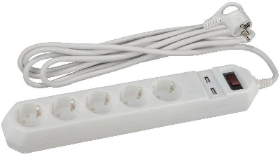 Удлинитель с сетевым фильтром 5х1.5м с заземл. 10А IP20 2хUSB ПВС 3х0.75 с выкл. бел. Эра Б0019037