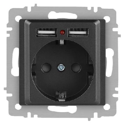 Розетка 1-м СП Accent 6-410-07 16А IP20 250В P+E Schuko + 2хUSB защ. шторки графит Intro Б0063702