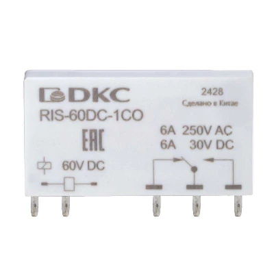 Реле миниатюрное ультратонкое 1CO ком. ток 6А AgSnO2 напряжение 60В DC DKC RIS-60DC-1CO