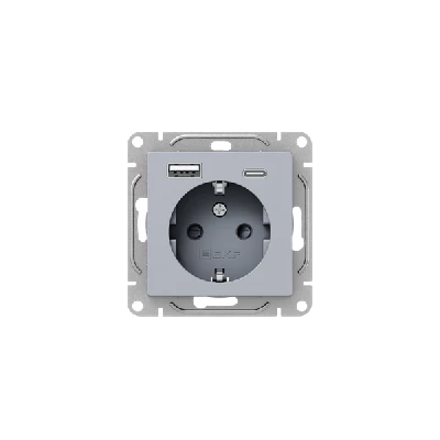 Розетка СП Эпика 16А с 2 USB-A+С с заземл. защ. шторки механизм алюм. EKF UP1-SOA-111-USBA+USBC