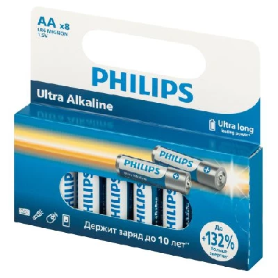 Элемент питания алкалиновый AA/LR6 1.5В Ultra (уп.8шт) LR6E8W/51 Philips Б0064633